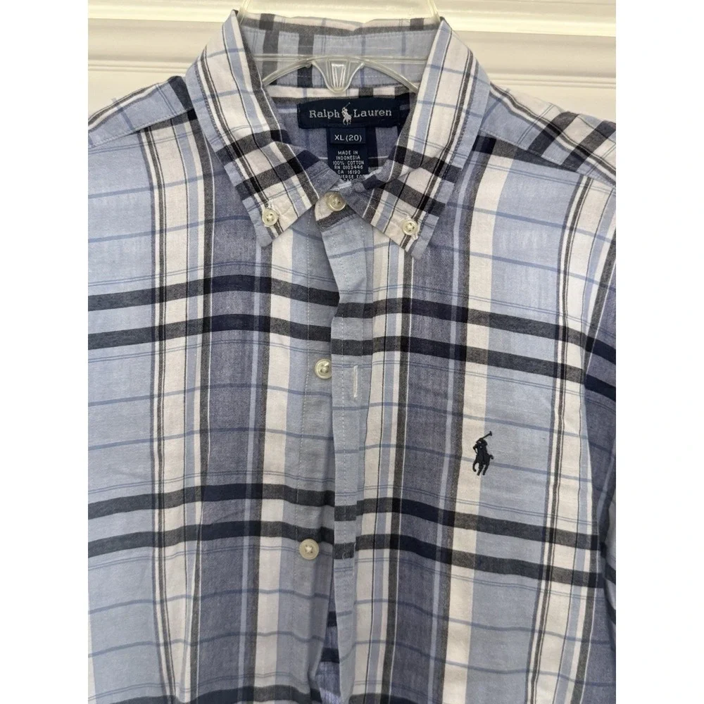 Ralph Lauren Polo Boy's Blue Plaid Cotton Button Down Shirt Size XL 20 Preppy